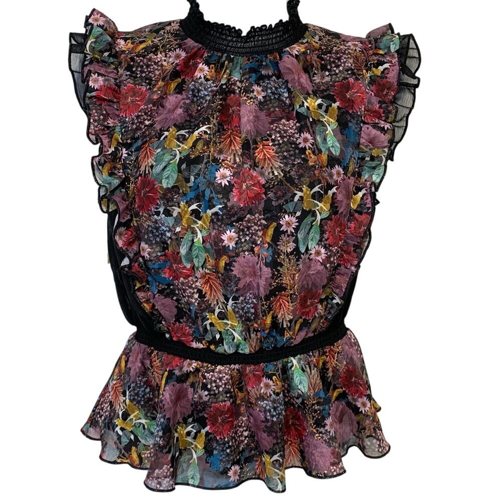 Club Monico Blouse Top Woman Small‎ Dainty Dark Floral Ruffle Fairycore Feminine